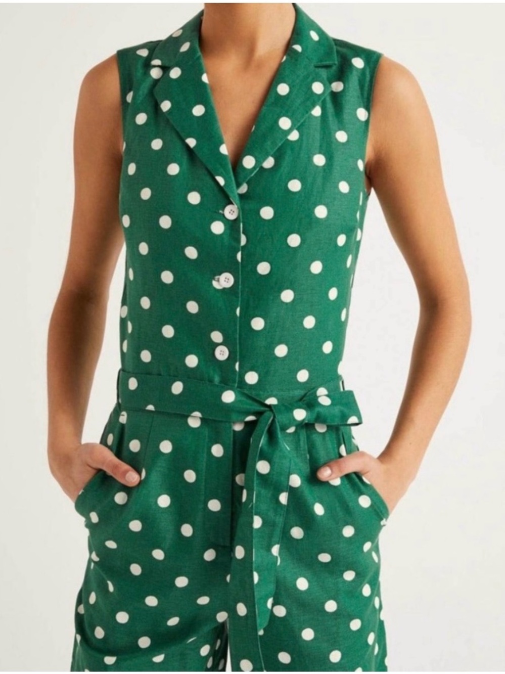 Boden Revere Collar Jumpsuit Green Polka Dot Cropped Wide Leg Sz 12 Sleeveless - Picture 2 of 9